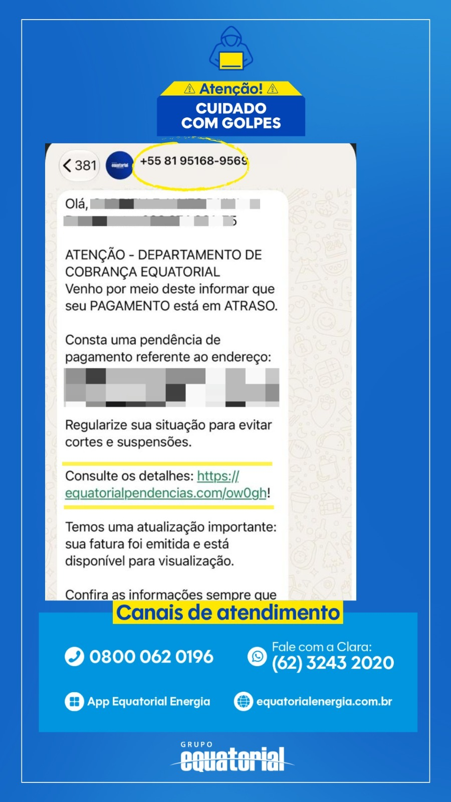 Equatorial Goiás alerta para golpe com sites e mensagens falsas de cobrança e ensina a pagar a conta de luz com segurança